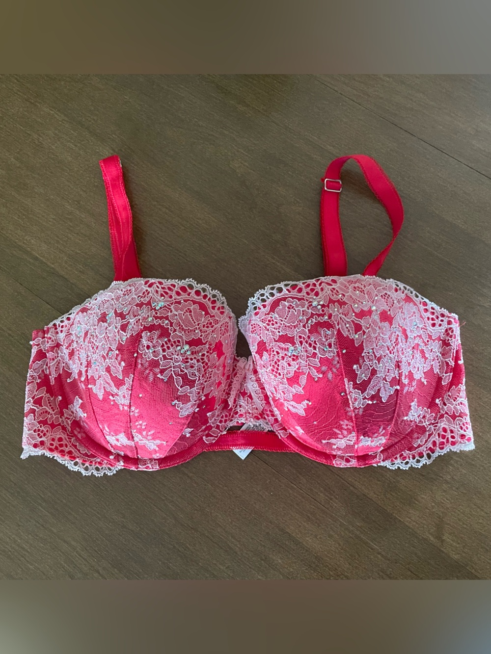 Victoria's Secret Bright Pink Lace Trim Bra With Rhinestones